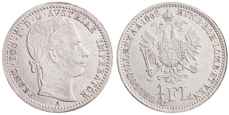 FRANZ JOSEPH I (1848 - 1916)&nbsp;
1/4 Gulden, 1862, 5,32g, A. Früh 1537&nbsp;...