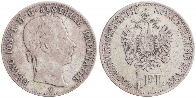 FRANZ JOSEPH I (1848 - 1916)&nbsp;
1/4 Gulden, 1862, 5,24g, V. Früh 1540&nbsp;...