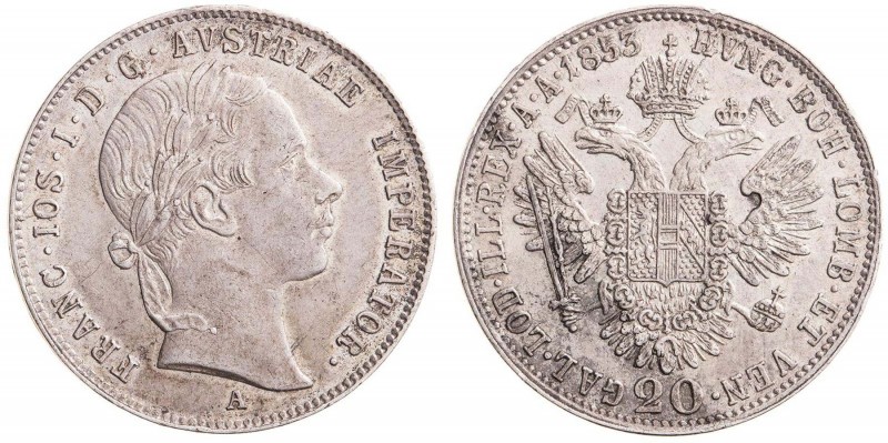 FRANZ JOSEPH I (1848 - 1916)&nbsp;
20 Kreuzer, 1853, 4,35g, A. Früh 1564&nbsp;...