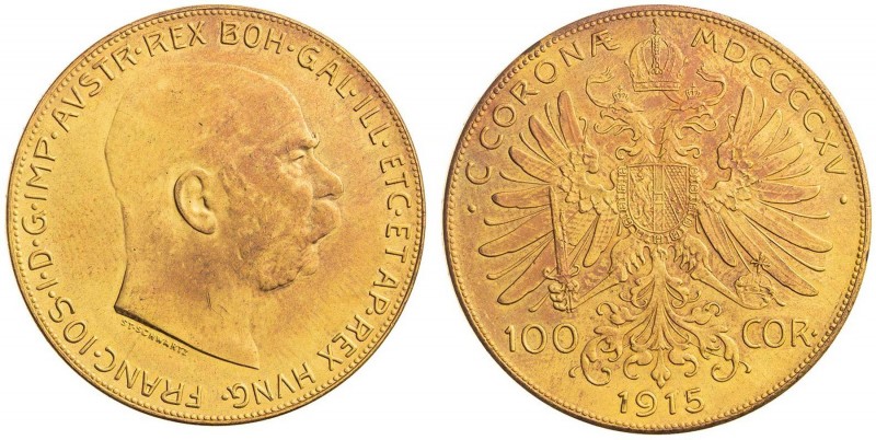 FRANZ JOSEPH I (1848 - 1916)&nbsp;
100 Corona "gold plated", 1915, 32,03g, Früh...