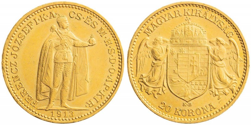 FRANZ JOSEPH I (1848 - 1916)&nbsp;
20 Korona, 1913, 6,77g, KB. Früh 2077&nbsp;...