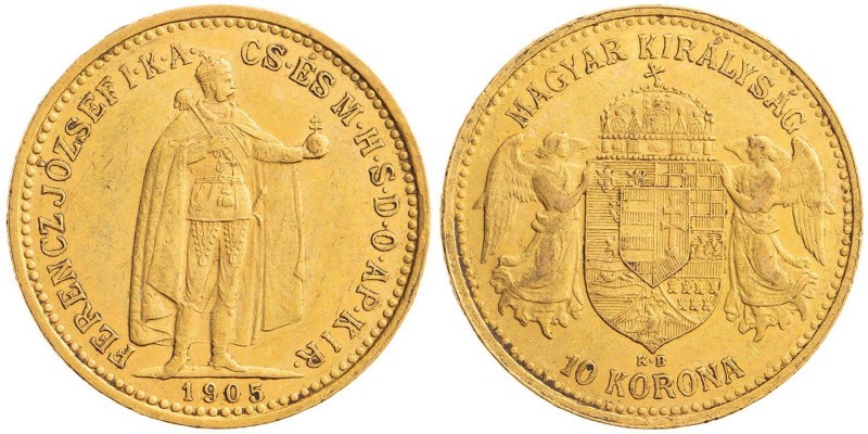 FRANZ JOSEPH I (1848 - 1916)&nbsp;
10 Korona, 1905, 3,38g, KB. Früh 2095&nbsp;...