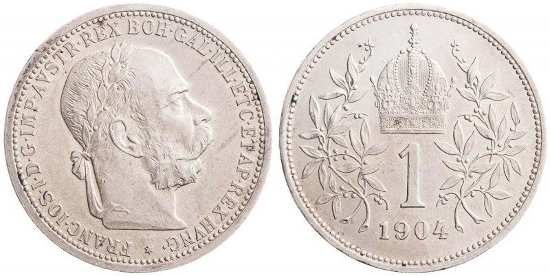 FRANZ JOSEPH I (1848 - 1916)&nbsp;
1 Corona, 1904, 5,02g, Wien. Früh 1977&nbsp;...