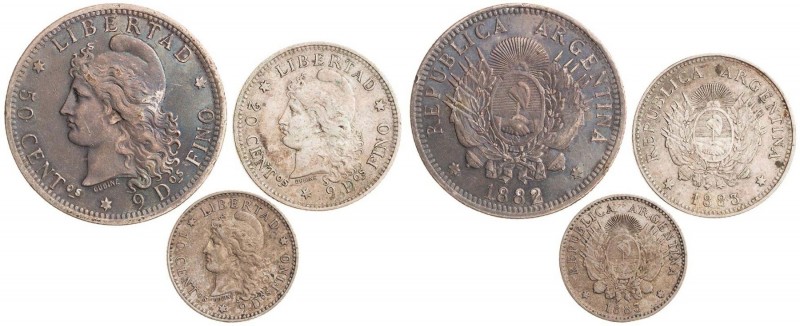 ARGENTINA&nbsp;
Lot 3 coins - 50 Centavos 1882, 20 Centavos 1883, 10 Centavos 1...