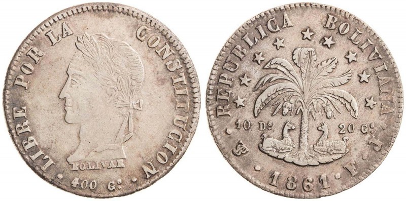 BOLIVIA&nbsp;
8 Soles, 1861, 19,84g, KM 138.6&nbsp;

about EF | about EF