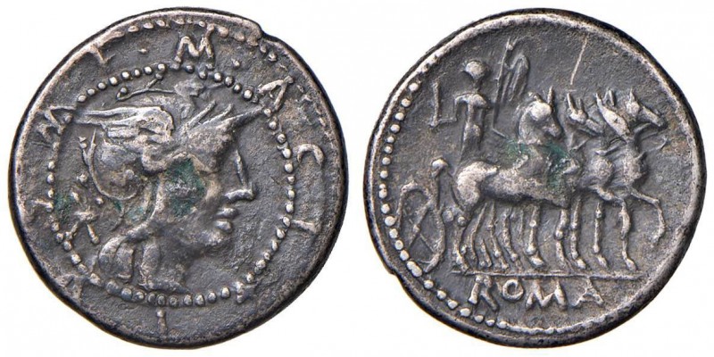 Acilia - M. Acilius M. f. - Denario (130 a.C.) Testa di Roma a d. - R/ Ercole su...