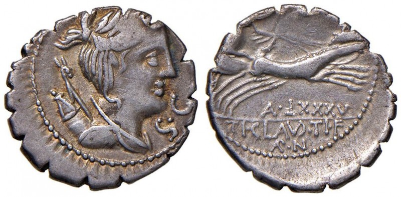 Claudia - Ti. Claudius - Denario (79 a.C.) Busto di Diana a d. - R/ La Vittoria ...