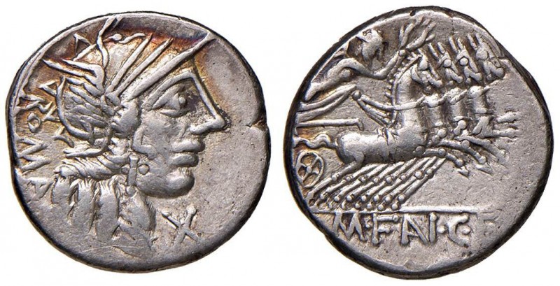 Fannia - M. Fannius C. f. - Denario (123 a.C.) Testa di Roma a d. - R/ La Vittor...