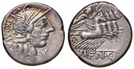 Fannia - M. Fannius C. f. - Denario (123 a.C.) Testa di Roma a d. - R/ La Vittoria su quadriga a d. - B.1; Cr. 275/1 AG (g 3,87)
qBB