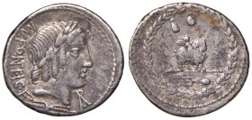 Fonteia - Mn. Fonteius C. f. - Denario (85 a.C.) Testa di Apollo a d., davanti, C F - R/ Genio su capra a d. - B. 10; Cr. 353/1c AG (g 3,78)
qBB