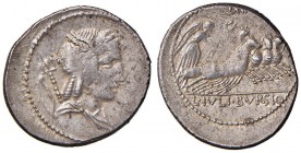 Julia - L. Julius Bursio - Denario (85 a.C.) Testa di Apollo a d. - R/ La Vittoria su quadriga a d. - B. 5; Cr. 352/1 AG (g 3,89) Piccole screpolature...