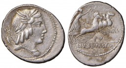 Julia - L. Julius Bursio - Denario (85 a.C.) Testa di Apollo a d. - R/ La Vittoria su quadriga a d. - B. 5; Cr. 352/1 AG (g 3,50) Macchie al R/
qBB