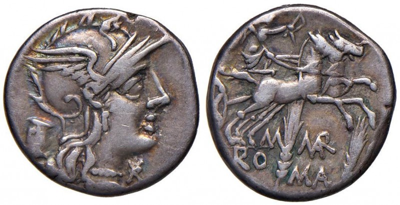 Marcia - M. Marcius Mn. f. - Denario (134 a.C.) Testa di Roma a d. - R/ La Vitto...