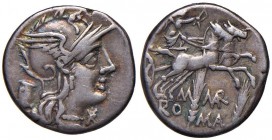 Marcia - M. Marcius Mn. f. - Denario (134 a.C.) Testa di Roma a d. - R/ La Vittoria su biga a d. - B. 8; Cr. 245/1 AG (g 3,84)
qBB/BB