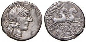 Porcia - C. Cato - Denario (123 a.C.) Testa di Roma a d. - R/ La Vittoria su biga a d. - B. 1; Cr. 274/1 AG (g 3,83)
BB