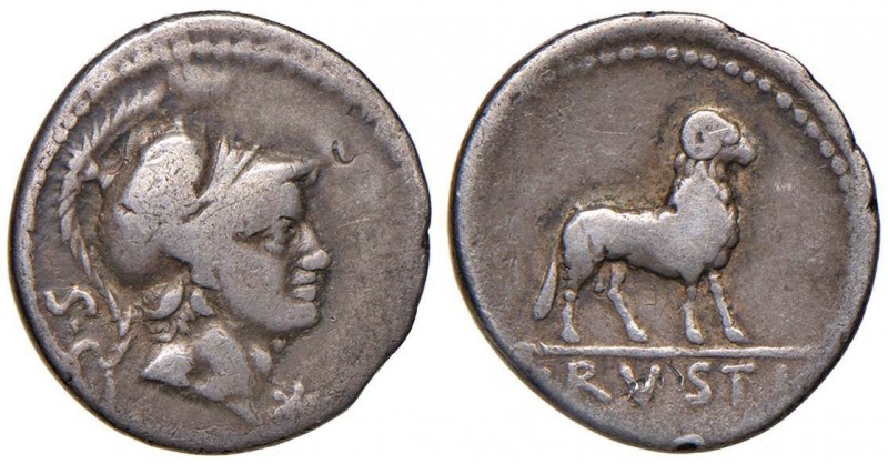 Rustia - L. Rustius - Denario (74 a.C.) Testa di Roma a d. - R/ Ariete stante a ...