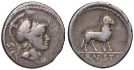 Rustia - L. Rustius - Denario (74 a.C.) Testa di Roma a d. - R/ Ariete stante a d. - B. 1; Cr. 389/1 AG (g 3,76) Contromarca al D/ 
MB