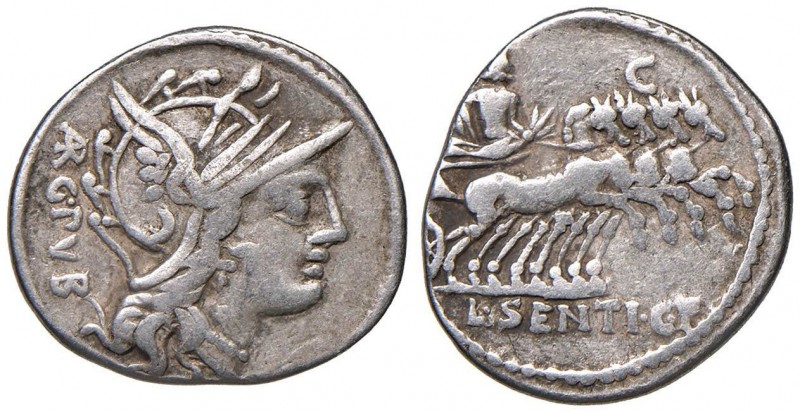 Sentia - L. Sentius C. f. Denario (101 a.C.) Testa di Roma a d. - R/ Giove in qu...