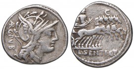Sentia - L. Sentius C. f. Denario (101 a.C.) Testa di Roma a d. - R/ Giove in quadriga verso d. - B. 1; Cr. 325/1 AG (g 3,79)
qBB