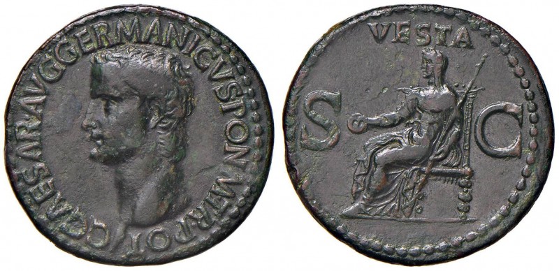 Caligola (37-41) Asse - Testa a s. - R/ VESTA, Vesta seduta a s. - RIC 38 AE (g ...