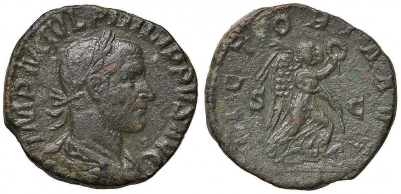 Filippo I (244-249) Sesterzio - Busto laureato a d. - R/ La Victoria con ghirlan...