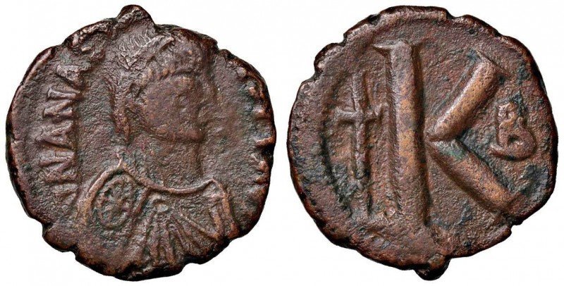 BISANZIO Anastasio (491-519) Mezzo follis - Busto diademato - R/ Lettera K - Sea...