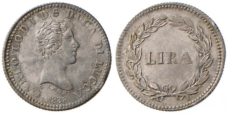 LUCCA Carlo Ludovico di Borbone (1824-1847) Lira 1838 - Pag. 264 AG (g 5,01) 
S...