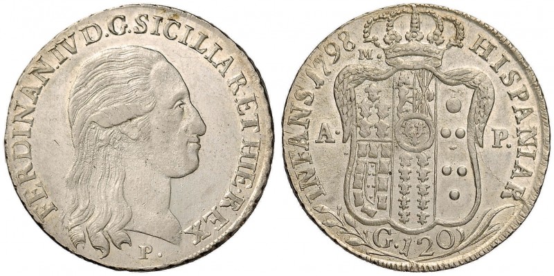 NAPOLI Ferdinando IV (1759-1799) Piastra 1798 - Magliocca 259 AG (g 27,59) Macch...