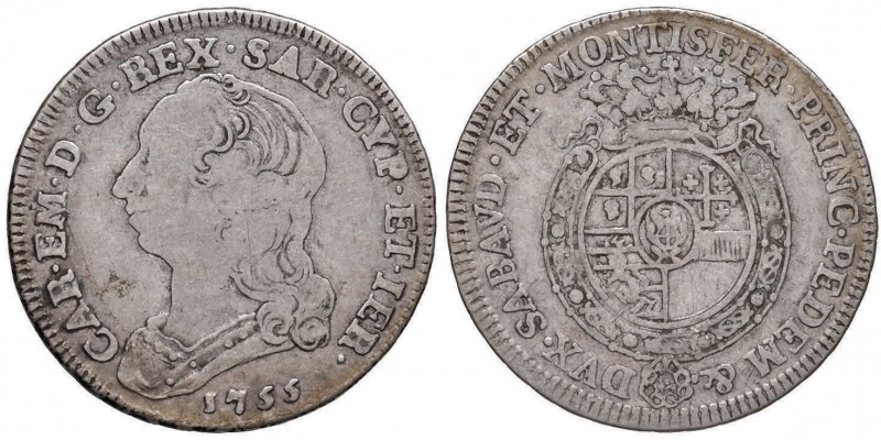 Carlo Emanuele III (1730-1773) Quarto di scudo 1755 - Nomisma 177 AG (g 8,58)
M...