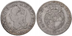 Carlo Emanuele III (1730-1773) Quarto di scudo 1755 - Nomisma 177 AG (g 8,58)
MB/qBB