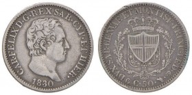 Carlo Felice (1821-1831) 50 Centesimi 1830 T (P) - Nomisma 609 AG RR Colpetto al bordo del R/ 
qBB