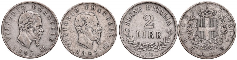 Vittorio Emanuele II (1861-1878) 2 Lire 1863 T stemma, 2 Lire 1863 N valore - AG...