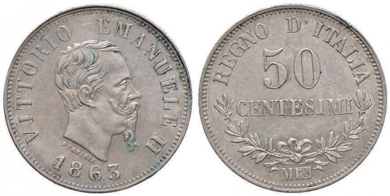 Vittorio Emanuele II (1861-1878) 50 Centesimi 1863 M valore - Nomisma 925 AG Luc...