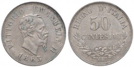 Vittorio Emanuele II (1861-1878) 50 Centesimi 1863 M valore - Nomisma 925 AG Lucidata, colpetti al bordo. Graffio al R/
SPL+