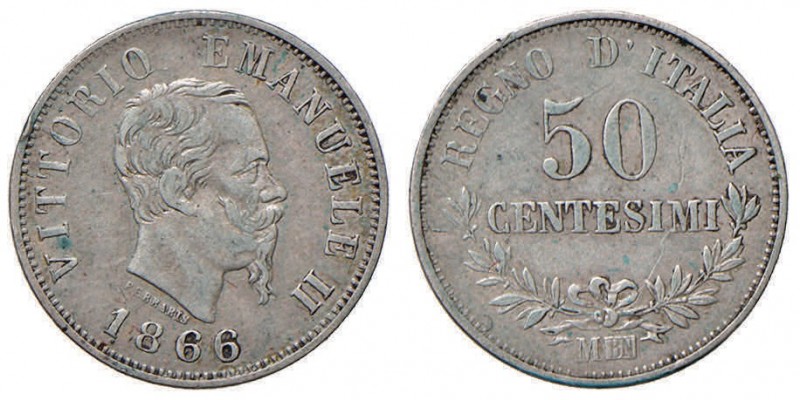 Vittorio Emanuele II (1861-1878) 50 Centesimi 1866 M - Nomisma 928 AG R Minimi g...