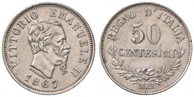 Vittorio Emanuele II (1861-1878) 50 Centesimi 1867 M valore - Nomisma 929 AG Screpolature al R/. Colpetto al ciglio del R/
SPL
