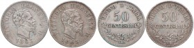 Vittorio Emanuele II (1861-1878) 50 Centesimi 1863 M e 50 Centesimi 1863 T Valore - AG Lotto di due monete. Pesante graffio al D/ nella prima
qBB