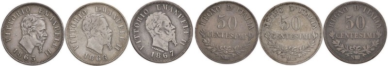 Vittorio Emanuele II (1861-1878) Lotto di tre monete di 50 centesimi 
qBB-BB+