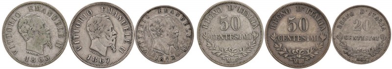 Vittorio Emanuele II (1861-1878) Lotto di tre monete, due di 50 centesimi e una ...