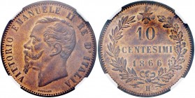 Vittorio Emanuele II (1861-1878) 10 Centesimi 1866 H - Nomisma 944 CU In slab NGC MS65RB 5887104-020. Conservazione eccezionale in rame rosso
FDC
