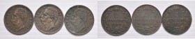 Umberto I (1878-1900) 2 Centesimi 1897, 1898 e 1900 - CU Lotto di tre monete. Macchie al R/ del 1897. Ondulazione di tondello nel 1898
MB-BB