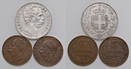 Umberto I (1878-1900) 5 Lire 1879, 10 Centesimi 1893 R, 1894 R - Lotto di tre monete
BB