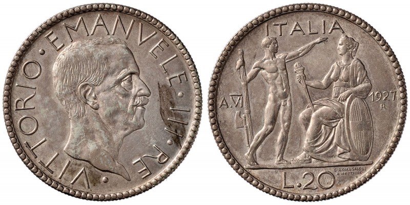 Vittorio Emanuele III (1900-1946) 20 Lire 1927 A. VI - Nomisma 1084 AG Macchia a...