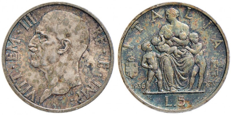 Vittorio Emanuele III (1900-1946) 5 Lire 1936, 1937 - AG Lotto di due monete, co...