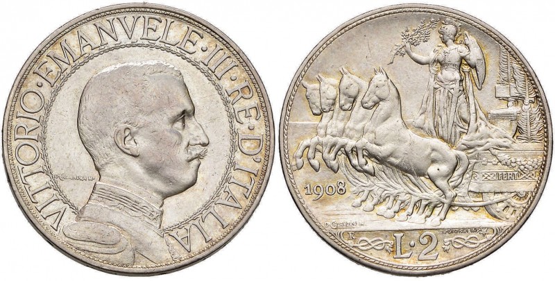 Vittorio Emanuele III (1900-1946) 2 Lire 1908 - Nomisma 1158 AG Leggermente luci...