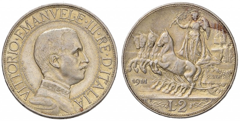 Vittorio Emanuele III (1900-1946) 2 Lire 1911 - Nomisma 1160 AG RR 
qBB/BB