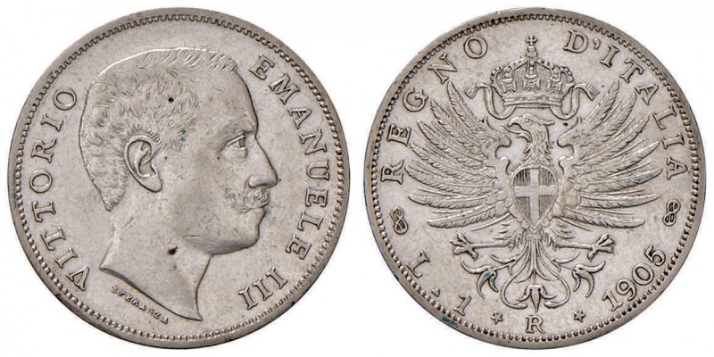 Vittorio Emanuele III (1900-1946) Lira 1905 - Nomisma 1195 AG RR Colpetti al bor...
