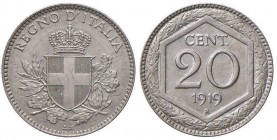 Vittorio Emanuele III (1900-1946) 20 Centesimi 1919 Esagono Bordo liscio - Nomisma 1291 NI Tracce della moneta sottostante
SPL
