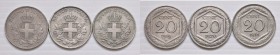 Vittorio Emanuele III (1900-1946) 20 Centesimi esagono 1918, 1919, 1920 - NI Lotto di tre monete, tutte bordo liscio
BB