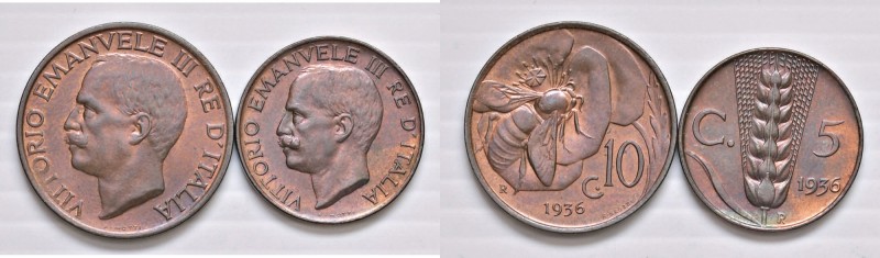 Vittorio Emanuele III (1900-1946) 5 e 10 Centesimi 1936 - CU Lotto di due monete...